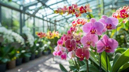 Vibrant orchids display a range of colors in a well-lit greenhouse filled with various flowering plants.