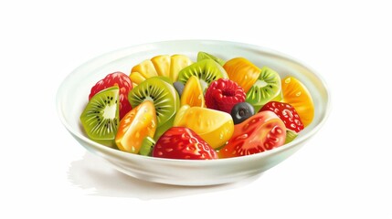 A vibrant bowl of fresh fruit salad with kiwi, orange, strawberries, and raspberries.