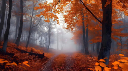 Obraz premium serene autumn forest, vibrant orange foliage, misty ambiance, perfect for nature-inspired designs, emotional warmth, copy space available, promotional use potential