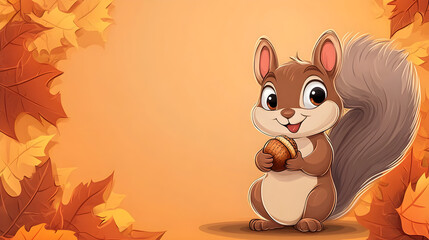 Colorful cartoon squirrel holding acorn, surrounded by autumn leaves, perfect for education, marketing, seasonal decor, evokes warmth and joy, ample copy space.