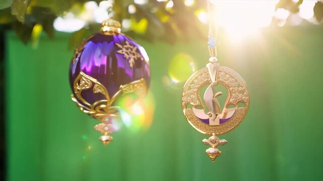 Sunny Outdoor Mardi Gras Beads and Fleur de Lis on Tree Branch Blowing in Wind