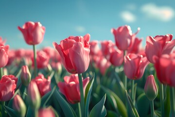 Obraz premium Vibrant pink tulips blooming under a clear blue sky.