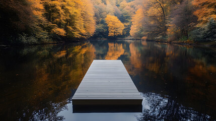 Tranquil forest scene with a wooden dock on a serene lake, vibrant autumn foliage, copy space, emotional appeal, ideal for wellness and travel promotions.