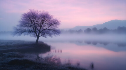 serene lakeside tree, ethereal fog over water, pastel purple sky, tranquil nature landscape, seasonal beauty, nature photography, copy space available