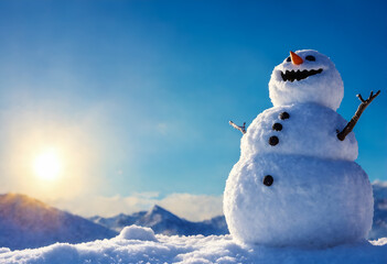 Obraz premium Funny snowman in winter mountain scenery. Merry christmas and happy new year.