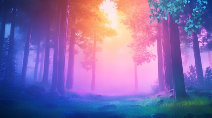 Enchanted forest with vibrant pink and blue hues and mystical fog