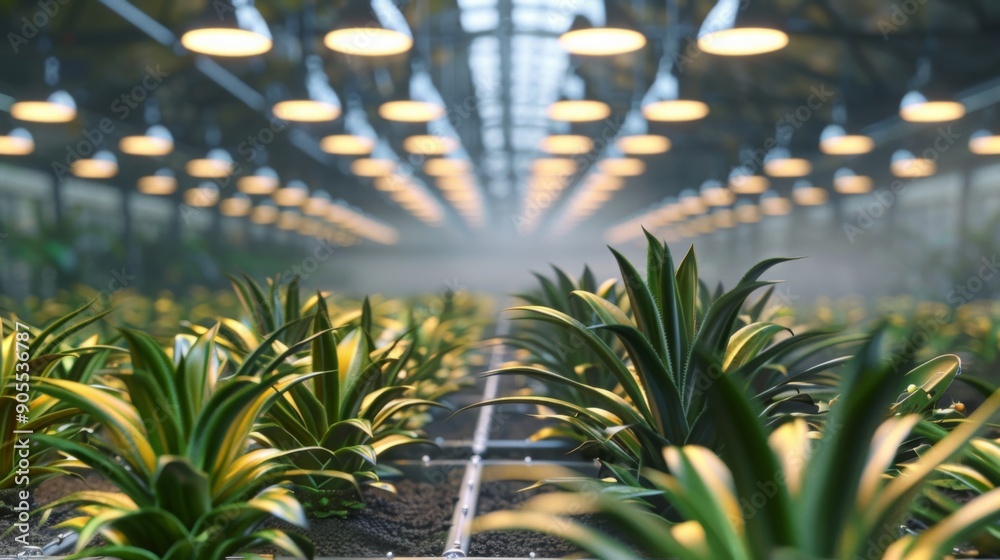 Poster rows of lush green and yellow plants thrive in a greenhouse, illuminated by soft overhead lights, cr