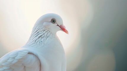 Fototapeta premium A white dove with a soft, blurred background. The bird is in focus and its feathers are visible.