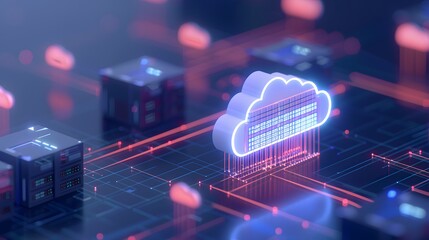 A futuristic representation of cloud computing technology with neon lights and digital data flow on a dark background.