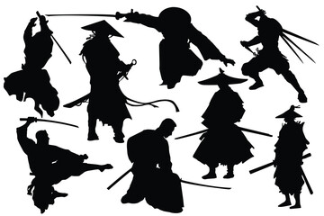 Samurai silhouette warrior sword ninja Japanese katana. Ninjas in various fighting poses, warrior sword silhouette, set of silhouettes martial art of Taekwondo, samurai combat with swords illustration © Mr. Beekeeper