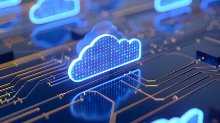 A glowing digital cloud icon on a circuit board symbolizes modern cloud computing, data storage, and cutting-edge technology infrastructure.