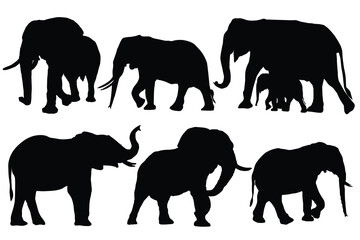 Set of Elephants Silhouette Bundle, Animal Icons, Wild Life, Forest Animals. silhouette of elephant with baby elephant. World Elephant Day. August 12th. Elephant silhouettes isolated on  background