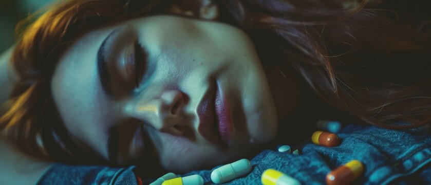 A woman sleeps peacefully, surrounded by colorful pills.