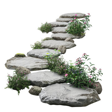Botanical garden with stone path on transparent background.