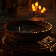 Fototapeta premium A wooden bowl filled with liquid sits on a silver tray, with candles illuminating the scene in the background.