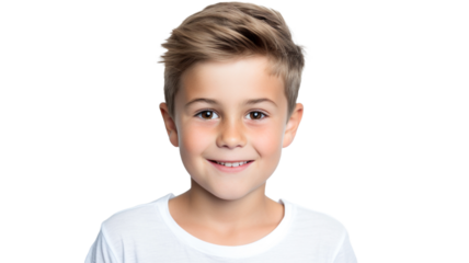 Portrait of a cute happy little boy with a beautiful smile isolated on transparent png background.