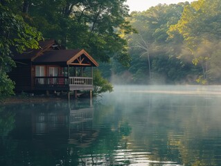 Obraz premium A wooden cabin sits on the edge of a misty lake, surrounded by lush greenery. The tranquil scene evokes a sense of peace and solitude.