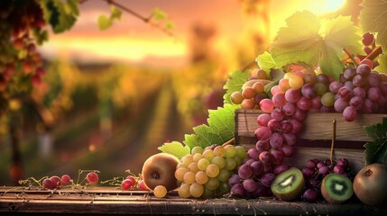 Fototapeta premium A wooden crate overflowing with fresh fruit, including grapes, kiwi, and apples, set against a picturesque vineyard at sunset.