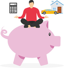 Young woman on piggy bank with calculator, house, car and graduate hat. Personal finance money management, expense, cost and budget calculation for education, housing mortgage or car loan concept.

