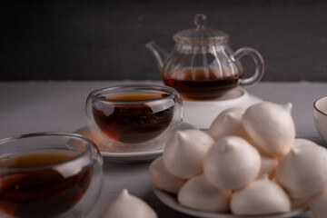 tea, teacup, plate, meringue, cookie, setting, snack, dark, resting, homemade, relaxation, enjoying, filled, cozy, sweets, white, refreshment, light, texture, setup
