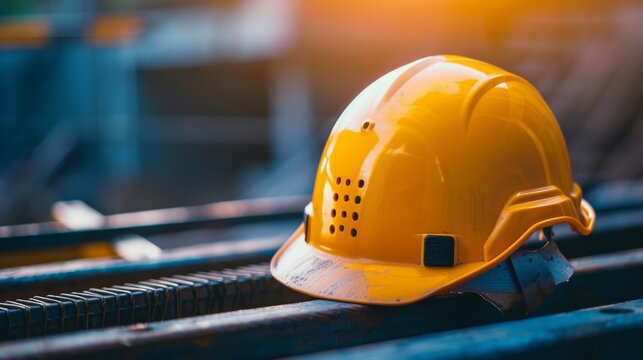 A yellow hard hat sits on a metal beam, signifying construction or industrial work.  The sun shines brightly in the background, highlighting the hard hat's safety purpose.