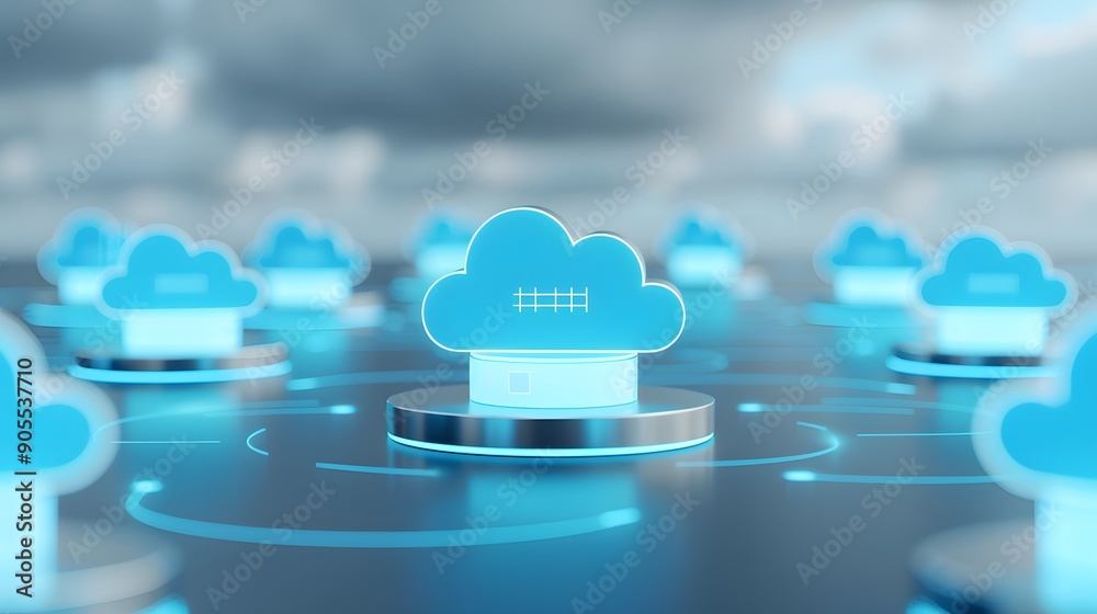 Poster abstract cloud computing network with glowing cloud icons, representing data storage and digital tec