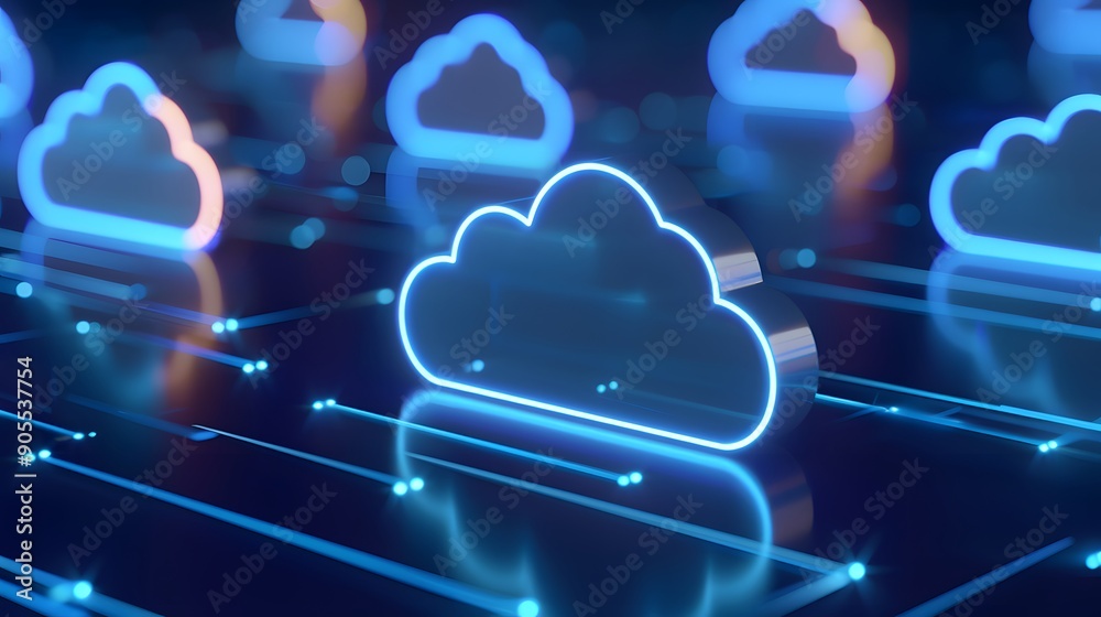 Poster Abstract concept of cloud computing, showing glowing cloud icons connected by digital lines on a dark background.