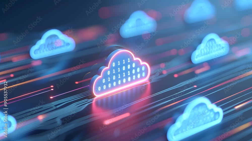 Poster abstract digital cloud computing concept with glowing neon clouds on a futuristic background, repres