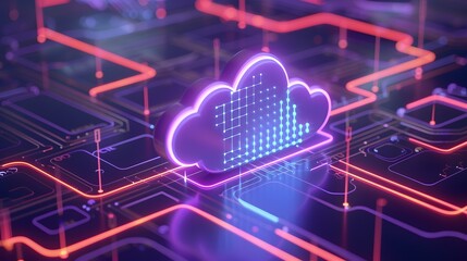 Abstract digital cloud computing concept with glowing neon lights and circuits, representing data storage and technology infrastructure.