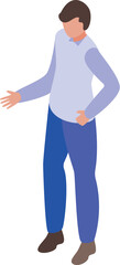 Isometric young man in casual clothes is showing something with his hand