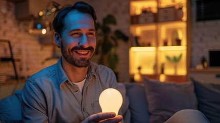 Cheerful host introducing the latest WIFI home automation technology to subscribers with a smart light bulb.