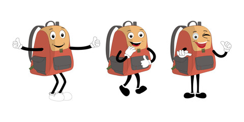 A set of cartoon backpack mascots with different expressions and poses. Perfect for educational materials, promotional graphics