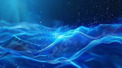Abstract blue wave background with glowing particles.  Digital art, perfect for tech or science themes.