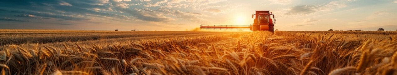 Fototapeta premium Harvesting Machine at Work in a Wheat Field, Loading Grains and Embracing the Concept of Livestock Farming and Agricultural Efficiency