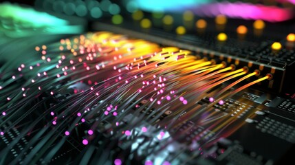 Obraz premium Abstract close-up of fiber optic cables glowing with vibrant colors. A digital representation of high-speed data transfer.
