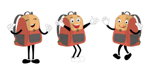 A set of cartoon backpack mascots with different expressions and poses. Perfect for educational materials, promotional graphics