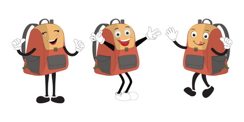 A set of cartoon backpack mascots with different expressions and poses. Perfect for educational materials, promotional graphics