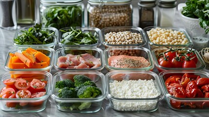 Obraz premium A meal prep scene with various containers filled with balanced portions of proteins, grains, and vegetables, high detail