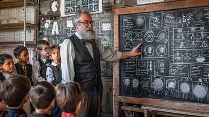 Engaging History Lesson Teacher Educating Diverse Students in Classroom with Blackboard Displaying Historical Facts