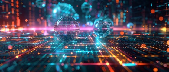 Fototapeta premium Abstract digital art with glowing orbs and lines.