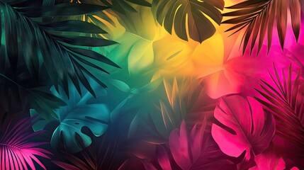 Abstract background with a blend of tropical colors and leaf patterns