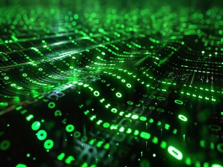 Abstract digital background with glowing green binary code on a black background.