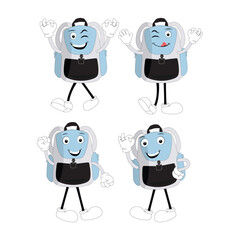 A set of cartoon backpack mascots with different expressions and poses. Perfect for educational materials, promotional graphics