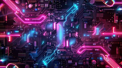 Abstract digital background with glowing neon pink and blue lines on a dark circuit board.