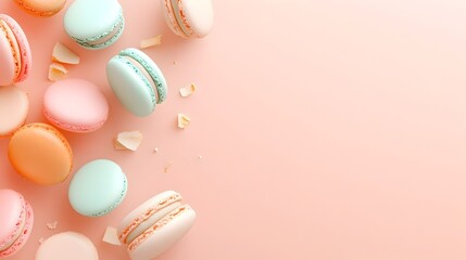 Fototapeta premium Vibrant Macarons on Pastel Background with Copy Space for Branding or Text