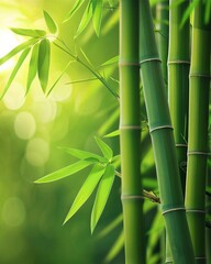 Natural beauty shines in a bamboo forest with a closeup view of bamboo stalks, detailed texture, and lush green leaves