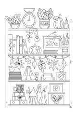 Obraz premium Coloring Page For Adults And Children Features Bookshelf With Pumpkins And Autumn Leaves