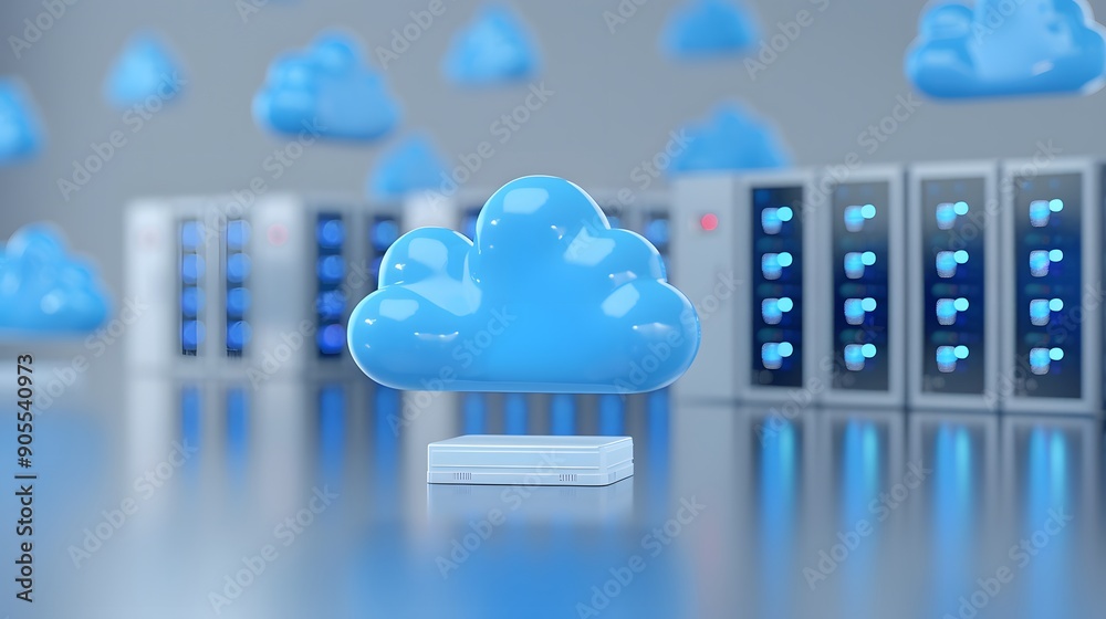 Poster cloud computing concept with 3d blue clouds and server racks in the background, illustrating digital