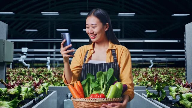 Asian Female Farmer With Vegetable Basket Enjoy Using Mobile Phone While Standing In Smart Farm