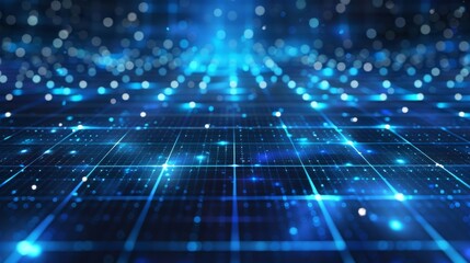 Abstract digital grid with glowing blue lights, representing data flow and futuristic technology.